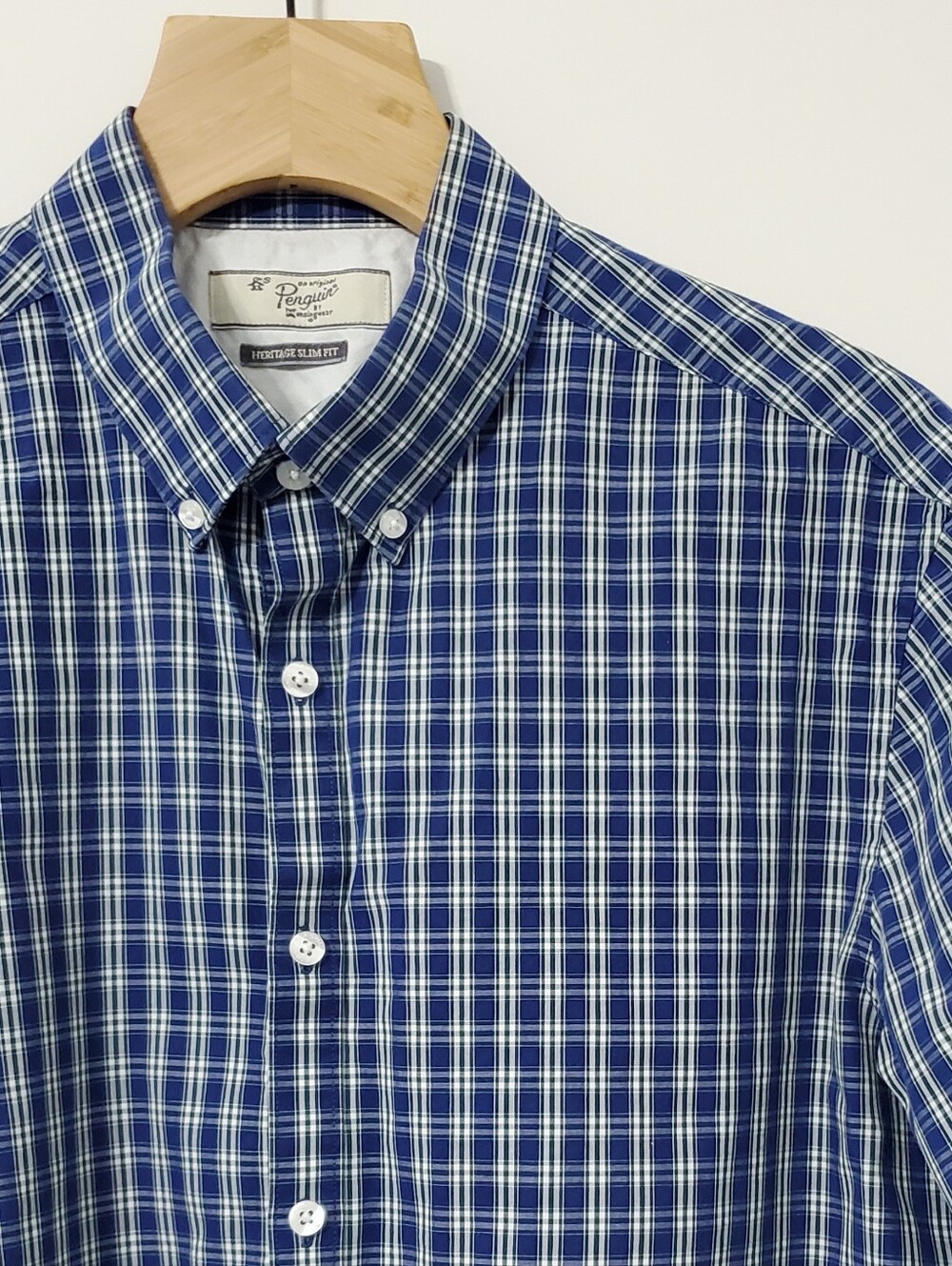 Original Penguin Mens Blue Plaid Heritage Slim Fit Button Down Shirt 17 Neck